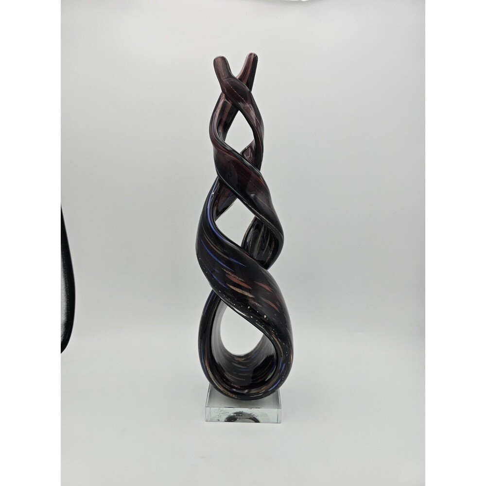 Contemporary Twisted Spiral Art Glass Sculpture Double Ribbon Swirl Clear Base